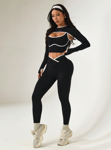 Conjunto 3 piezas, top de cuello chal de manga larga