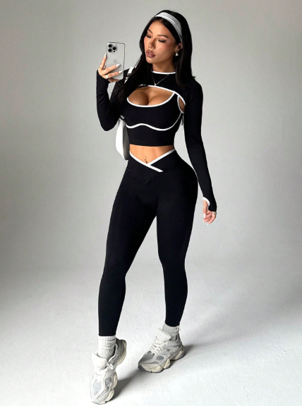 Conjunto 3 piezas, top de cuello chal de manga larga