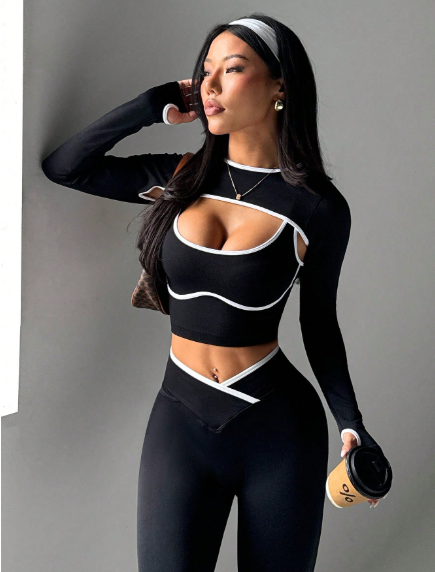 Conjunto 3 piezas, top de cuello chal de manga larga