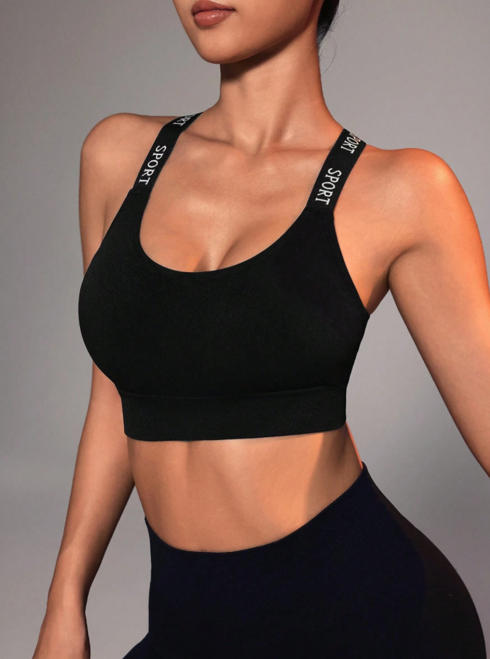 Sujetador con panel de cinta de letras y espalda entrecruzada