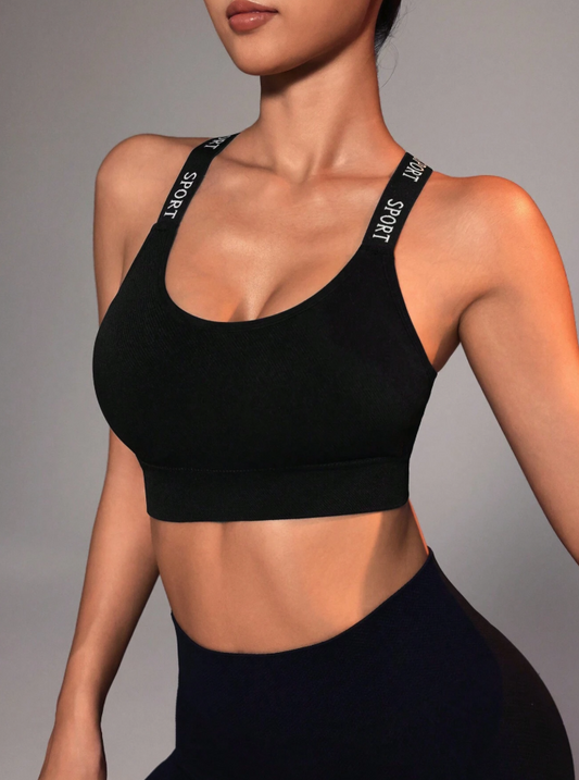 Sujetador con panel de cinta de letras y espalda entrecruzada