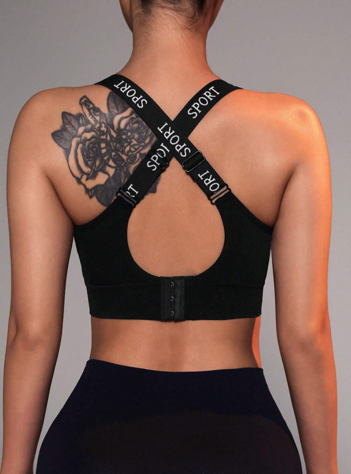 Sujetador con panel de cinta de letras y espalda entrecruzada