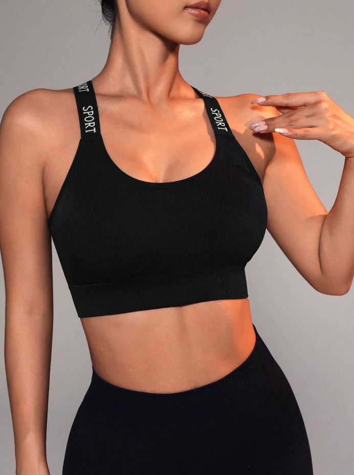 Sujetador con panel de cinta de letras y espalda entrecruzada