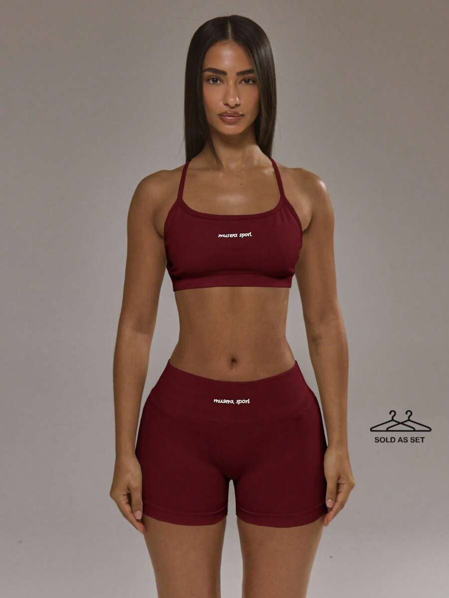 Conjunto de sujetador deportivo con espalda cruzada vinotinto
