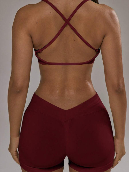 Conjunto de sujetador deportivo con espalda cruzada vinotinto
