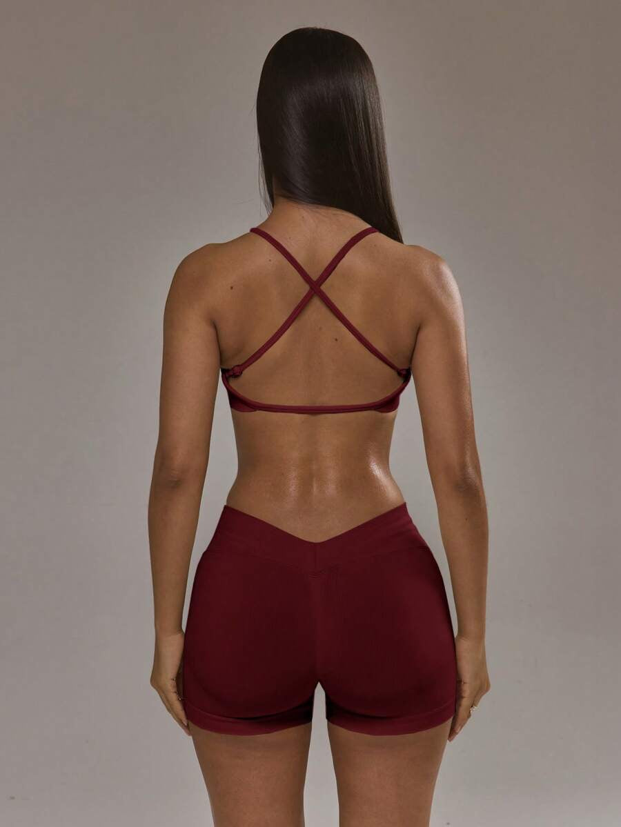 Conjunto de sujetador deportivo con espalda cruzada vinotinto