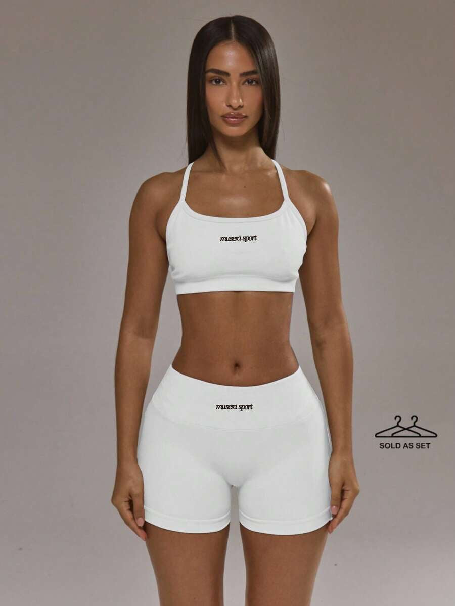 Conjunto de sujetador deportivo con espalda cruzada y shorts (Blanco)
