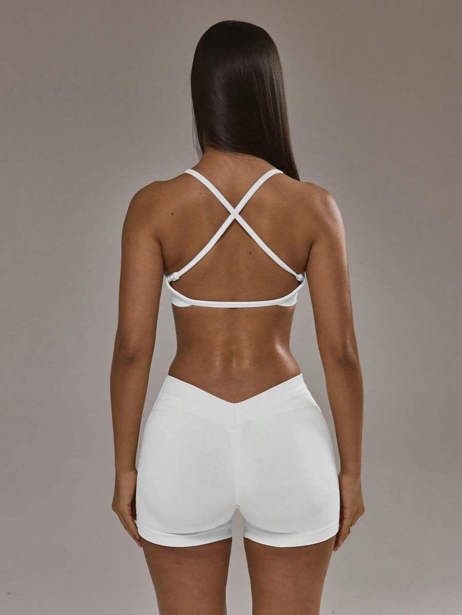 Conjunto de sujetador deportivo con espalda cruzada y shorts (Blanco)